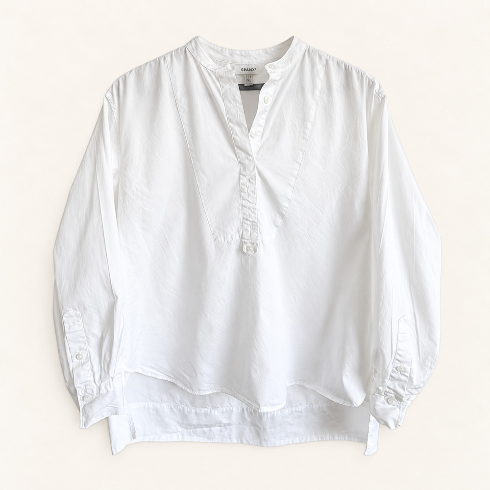 SPANX White Cotton Poplin Tuxedo Popover Tunic Shirt High Low Hem M